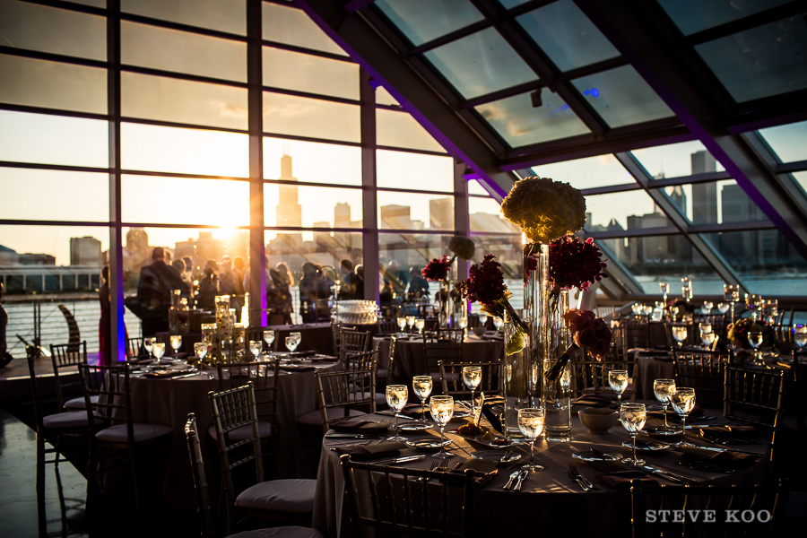 Adler Planetarium wedding venue tables sunset